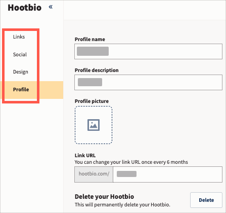 Exemple de paramètres Hootbio avec Links, Social, Design et Profile en surbrillance.