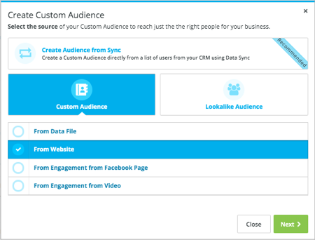 Create custom audience with custom audience and from website options highlighted.