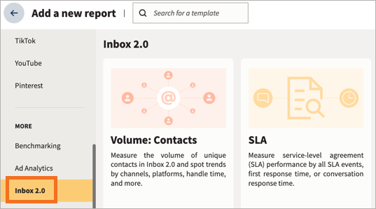 Bild von Vorlagenberichten in Analytics, das Inbox 2.0-Vorlagen hervorhebt.