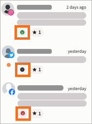 Exemplo de fila do Inbox 2.0 com 3 conversas, cada uma com um sentimento diferente destacado.