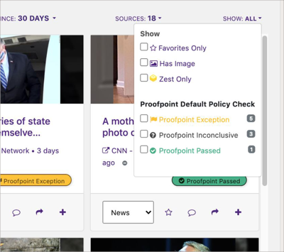 O aplicativo Curate by UpContent mostrando os filtros para verificações de política do Proofpoint.