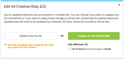 Edite a etapa 2/2 do criativo do anúncio com as opções Atualizar somente este anúncio ou atualizar todos os anúncios afetados.