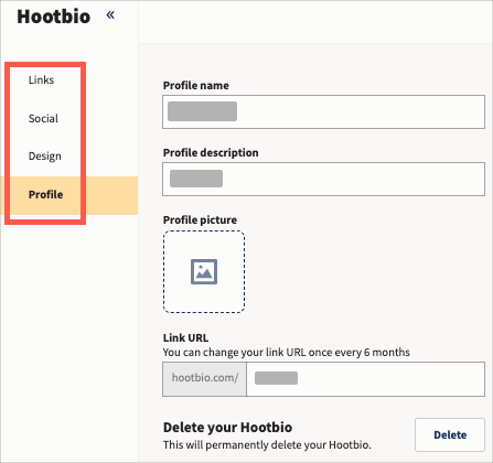 Esempio di impostazioni di Hootbio con Link, Social, Design e Profilo evidenziati.