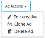 Lista de acciones publicitarias que muestra las opciones de edición de creatividad, clonación de anuncios y eliminación de anuncios.