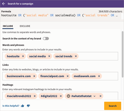 Exemplo de uma pesquisa guiada complexa que inclui palavras e frases, links e hashtags.
