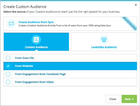 Cree una audiencia personalizada con una audiencia personalizada y desde las opciones del sitio web resaltadas.
