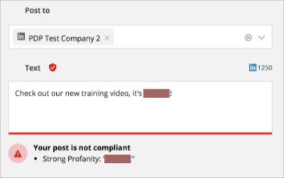 Hootsuite mit aktivierter prädiktiver Compliance, die nicht konformen Text kennzeichnet.