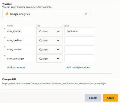 Options de suivi des liens pour Google Analytics.