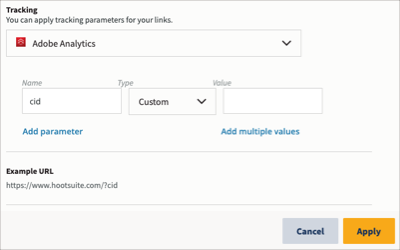 Paramètres de suivi des liens pour Adobe Analytics.