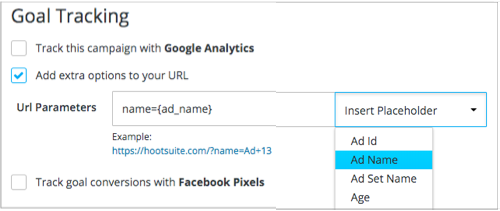 Suivi des objectifs montrant Ajouter des options supplémentaires à votre URL cochée et Insérer une liste d'espaces réservés.