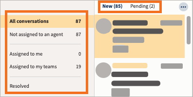 As filas de conversa no Inbox 2.0 com Novo e Pendente destacadas na parte superior e as filas de conversa por status à esquerda.