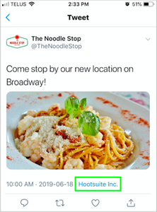 Esempio di post nell'app mobile X, che mostra Hootsuite Inc come fonte.