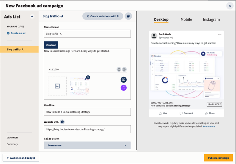 Un esempio che mostra come creare un annuncio su Facebook.