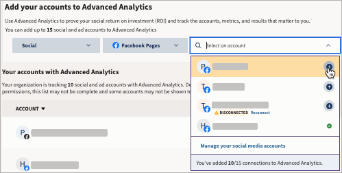 Advanced Analytics, Advanced Accounts settings (Configurações de contas avançadas) com Add conexão destacado.