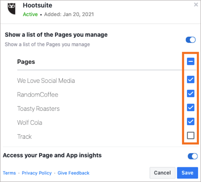 Eine Liste der eigenen Seiten in den Hootsuite Business-Integrationseinstellungen eines Facebook-Beispielkontos.
