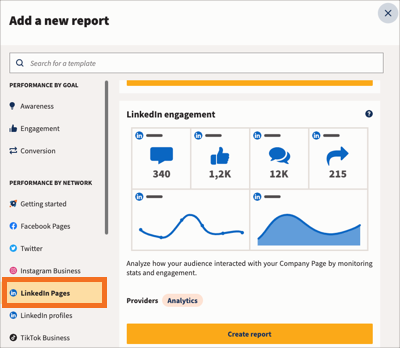 Performances par réseau montrant les options du modèle de rapport des pages LinkedIn.