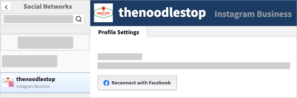 O botão Reconectar com o Facebook na guia Configurações de perfil de uma conta do Instagram Business.