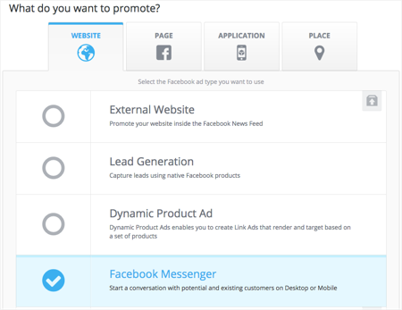 Was möchten Sie mit der ausgewählten Website und dem hervorgehobenen Facebook-Messenger bewerben?