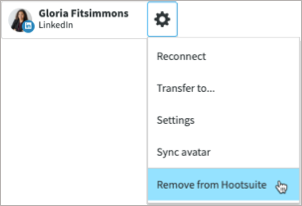 Il menu dell'ingranaggio delle impostazioni si è espanso, mostrando l'opzione Rimuovi da Hootsuite evidenziata.