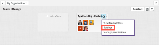 Administrar el área de una organización de muestra con la configuración del equipo resaltada.