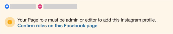 Eine Fehlermeldung im Modal zur Instagram-Kontoauswahl, die besagt, dass Ihre Seitenrolle Administrator oder Editor sein muss, um dieses Instagram-Profil hinzufügen zu können.