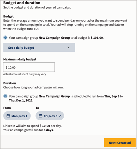 Budget e durata che mostrano come impostare il budget per una campagna LinkedIn.