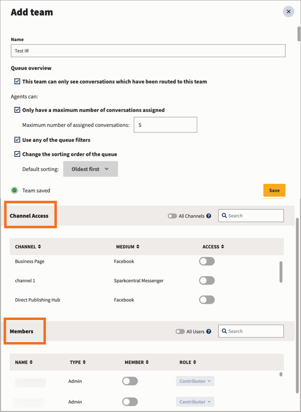 La pagina Aggiungi team, che mostra la sezione Accesso al canale e la sezione Membri.