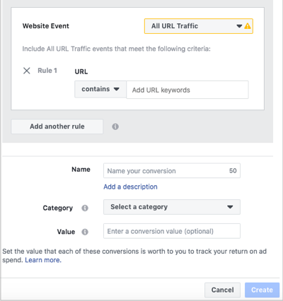 Conversione personalizzata che mostra Tutto il traffico URL selezionato e aggiungi un'altra opzione di regola.