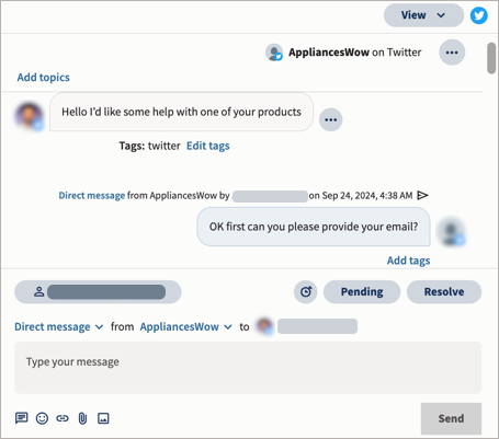 A visualização de conversa com um exemplo de conversa entre um contato e um agente. 