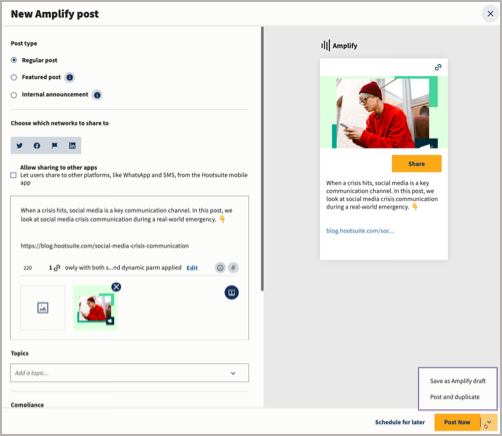 Nuova schermata dei post di Amplify che mostra le impostazioni di Amplify e le opzioni di pubblicazione.