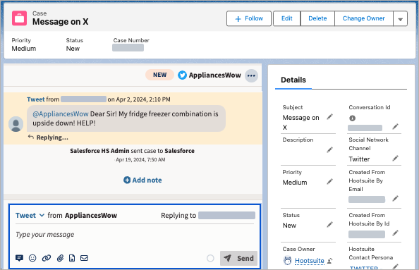 Um exemplo de caso criado a partir da Hootsuite no Salesforce.