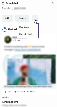 Beispiel für einen geplanten Beitrag mit ausgewählter Button „Weitere Aktionen“, die die Optionen „Duplizieren“ und „In Entwürfe verschieben“ anzeigt.