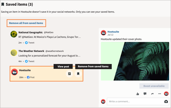 La pagina Elementi salvati con un post selezionato.