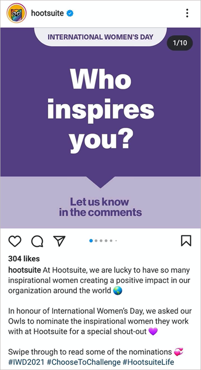 Une publication Instagram demandant aux utilisateurs de partager qui les inspire à l'occasion de la Journée de la femme.