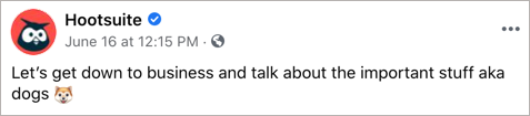 Uma postagem com tema de cachorro no Facebook usando um emoji de cachorro.