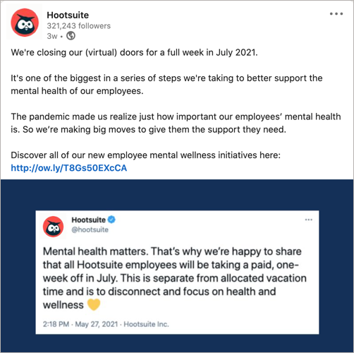 Une publication LinkedIn mettant en avant l'initiative de bien-être des employés de Hootsuite.