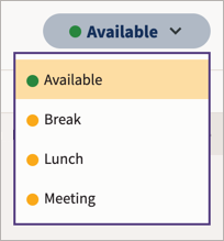 O status atual de um agente, com opções de estado ausente mostradas em um menu.