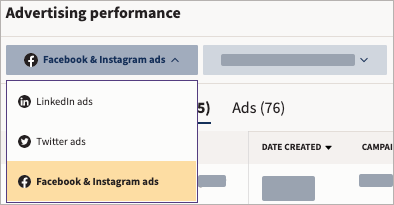 Le réseau social et les sélecteurs de comptes dans les performances publicitaires.