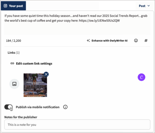 Beispiel für einen Instagram-Beitrag mit hervorgehobener Option „Veröffentlichen per mobiler Benachrichtigung“.