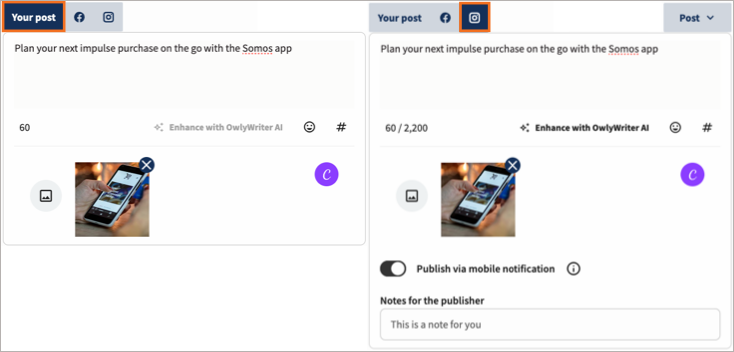 Esempio di post con il tuo post, Facebook e LinkedIn evidenziati.