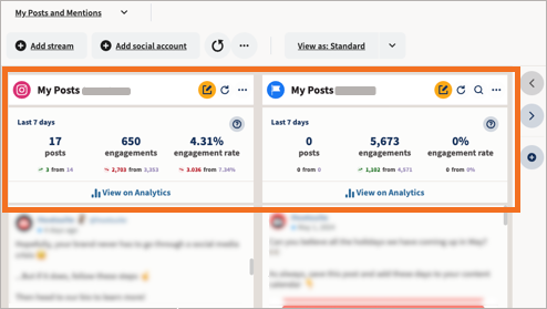 Drei Beispiel-Streams mit unterschiedlichen Metriken aus Hootsuite Analytics.