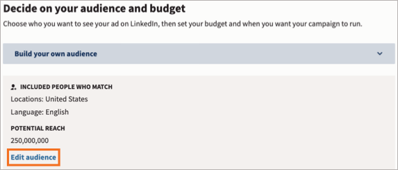 Campagna LinkedIn target audience opzioni, che mostrano Usa audiencesalvato . 