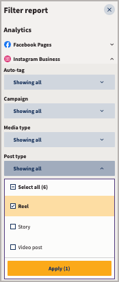 opzioni di filtro del tipo di post per Seleziona