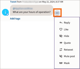 les options de messagerie affichant reply, J'aime, hide, citation, un retweet, mute post, et mask.