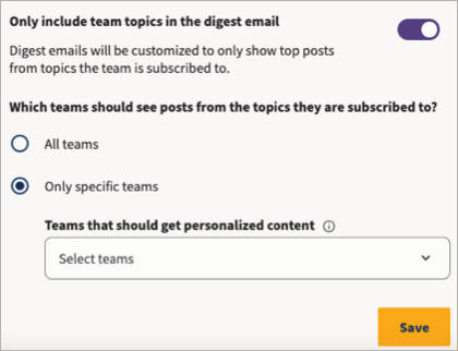 Le impostazioni del digest delle e-mail di Amplify, che mostrano l'opzione di riepilogo degli argomenti del team. 