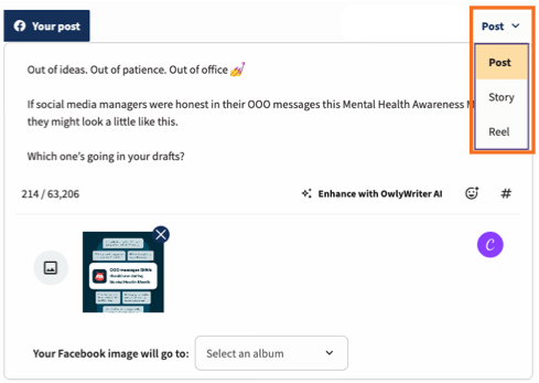Facebook-Post mit den Optionen für den Beitragstyp: Post, Story oder Reel.