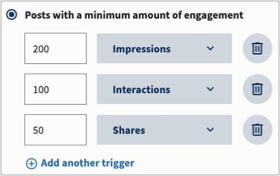 Engagement criteria set to boost posts with at least 200 impressions, 100 interactions, and 50 shares.