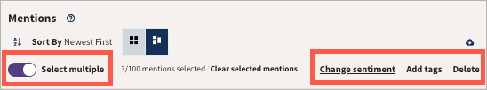 Mentions with Select multiple turned on and Change sentiment, Add tags, and Delete highlighted.