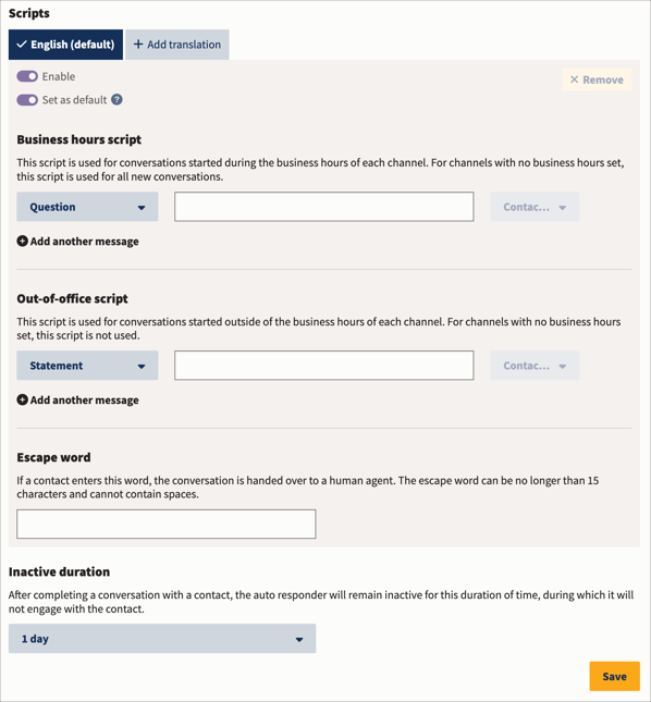 The Scripts fields for a new auto responder.