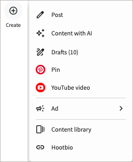 Create selected showing post, content with AI, drafts, Pin, YouTube, and campaign options.